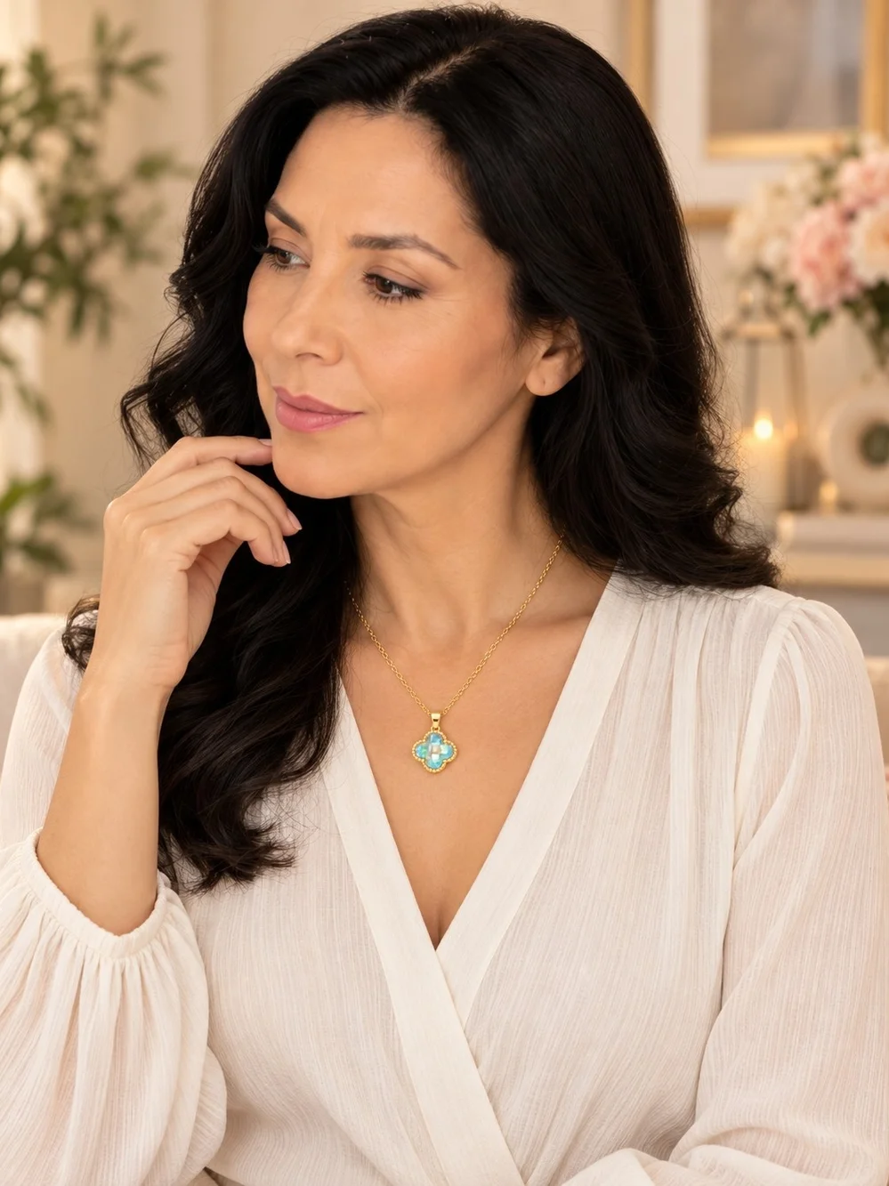14k. Laminated Gold Clover Pendant Necklace with Blue Opal Accent